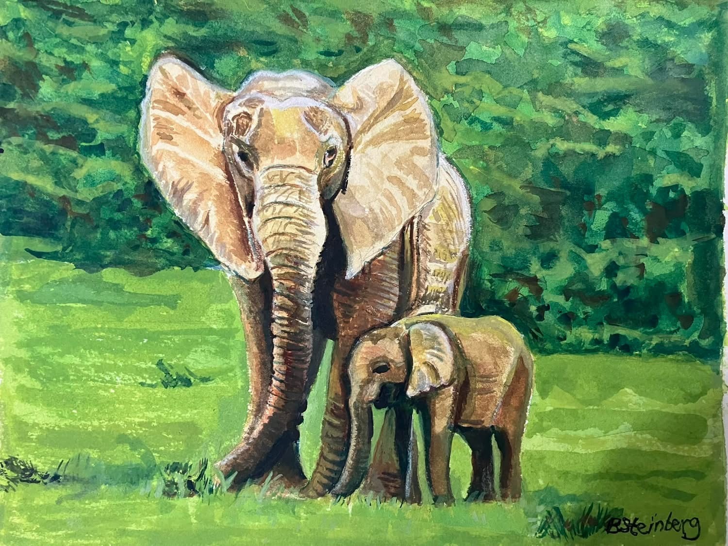 Watercolor painting of an elephant mother and her calf in a lush green landscape