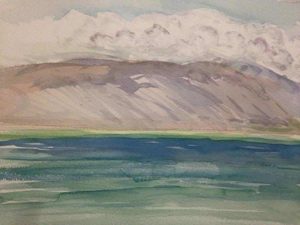 Maui mountains with dramatic clouds reflected in a calm lake — Barbara Steinberg watercolor