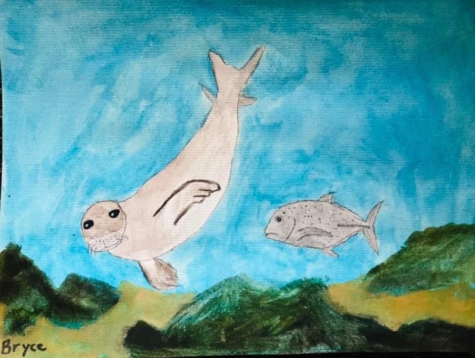 Underwater scene with a seal and fish — watercolor by student Bryce